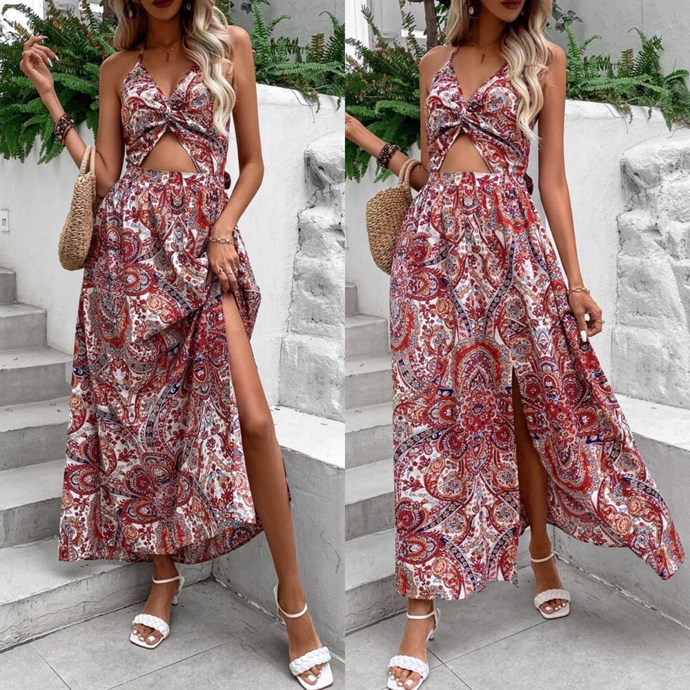 🌺 BOHO RED MULTI PAISLEY SLIT MAXI DRESS! - Picture 1 of 4